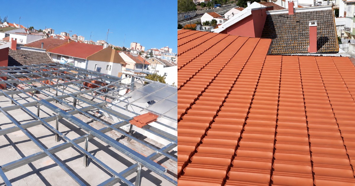 Construção de telhado com tubos galvanizados